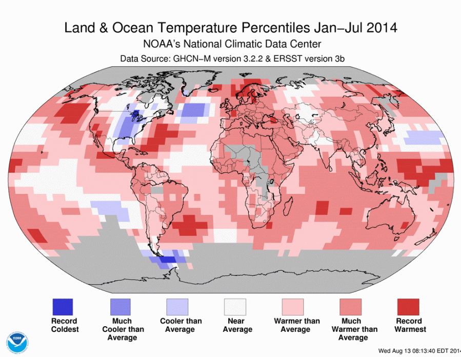 Land Ocean Temperature Percentiles July 2014